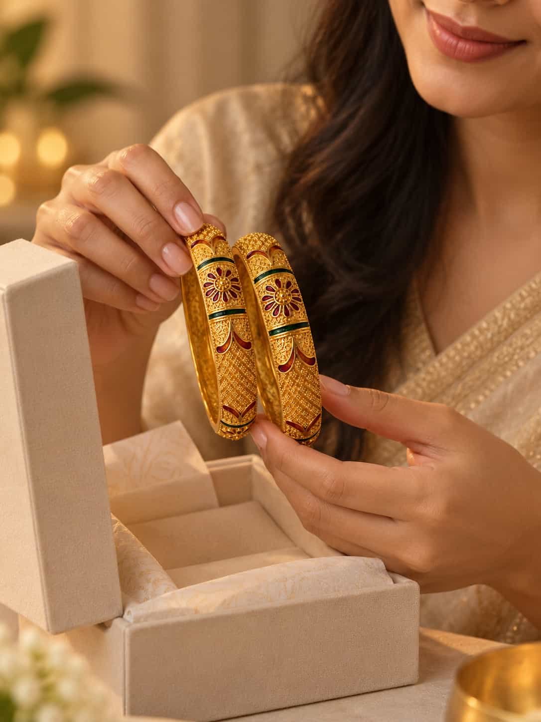 Woman holding Zariya microgold enamel kada pair beside a premium jewellery gift box