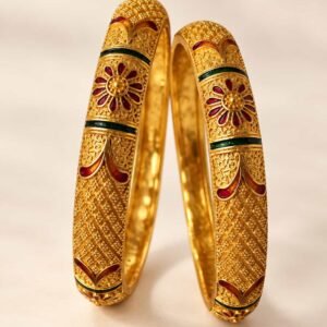 Zariya Heritage microgold enamel kada pair with red floral motifs and green borders in a gold-look finish