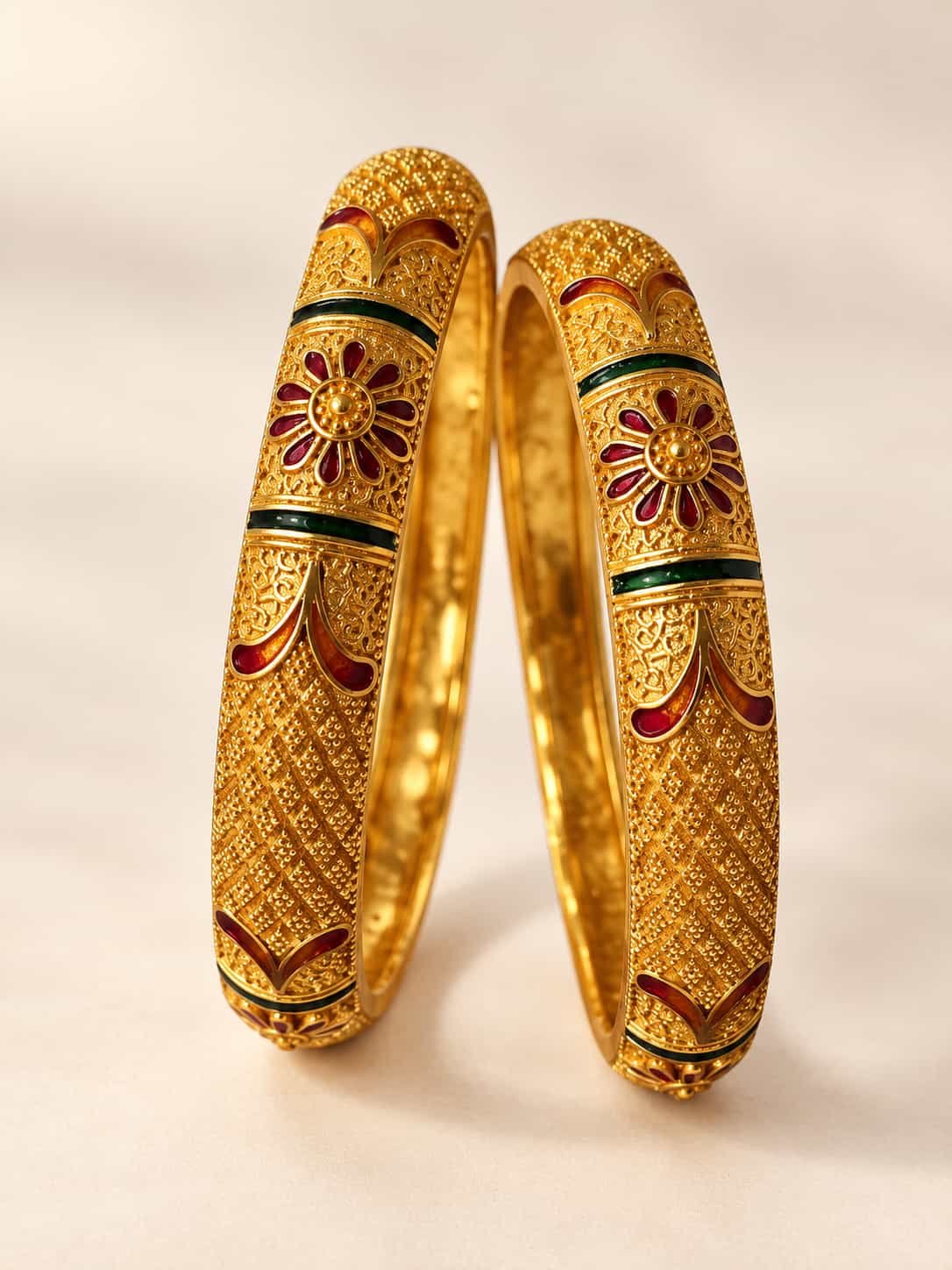 Zariya Heritage microgold enamel kada pair with red floral motifs and green borders in a gold-look finish