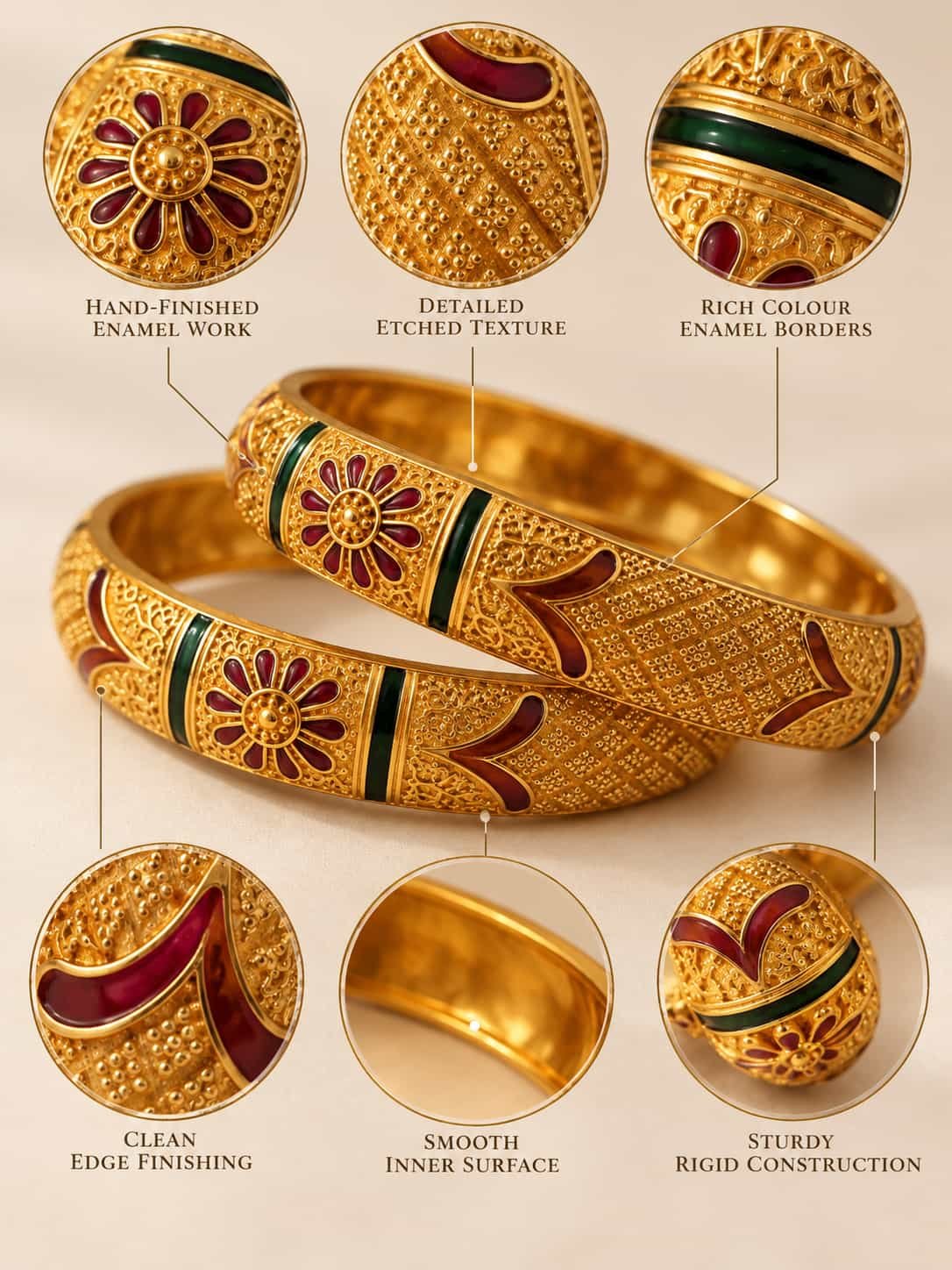 Close-up details of Zariya microgold enamel kadas showing floral enamel, etched texture, green borders and inner finish