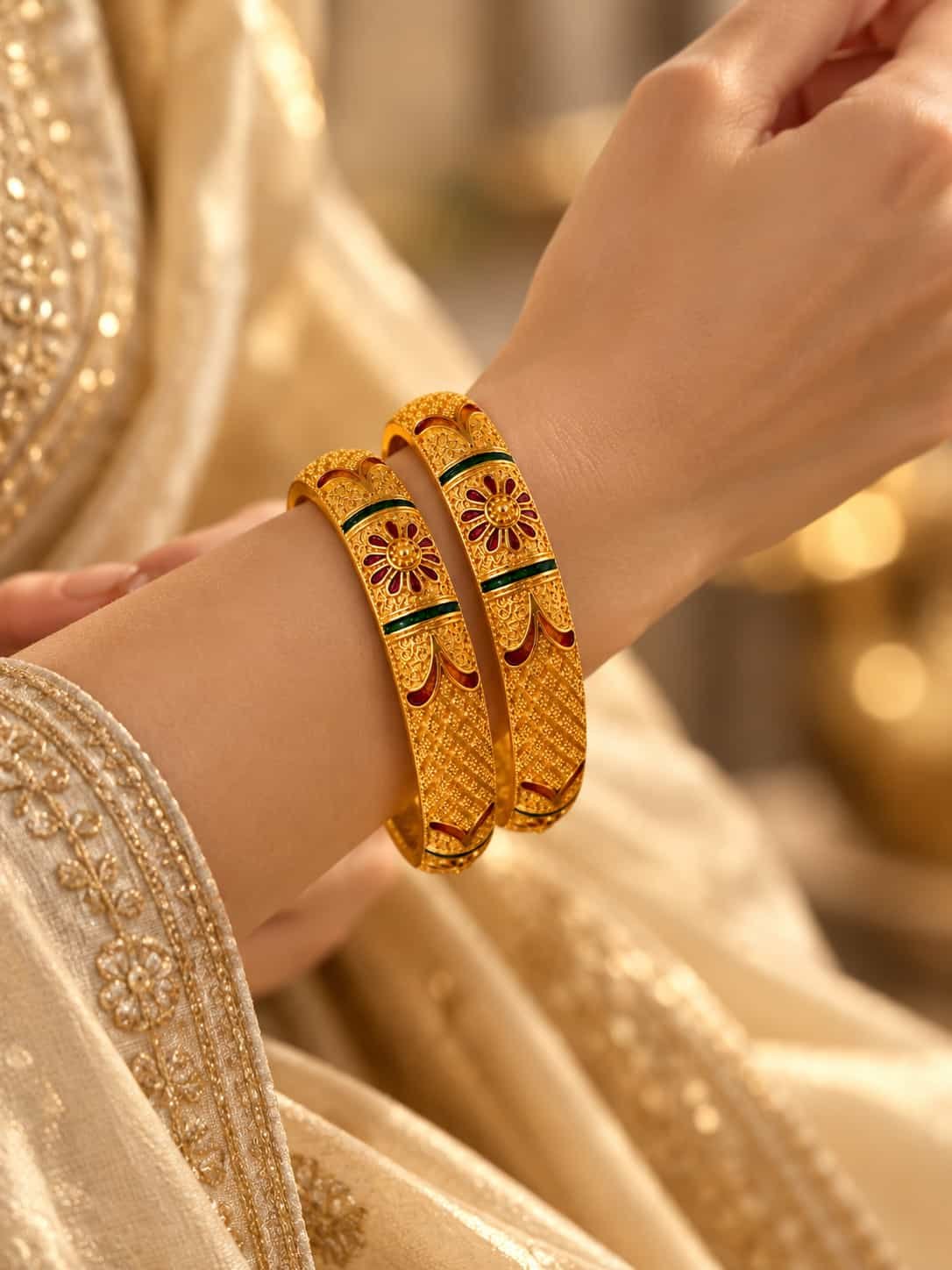 Close-up of Zariya microgold kada pair on a woman’s wrist showing red floral and green enamel detailing